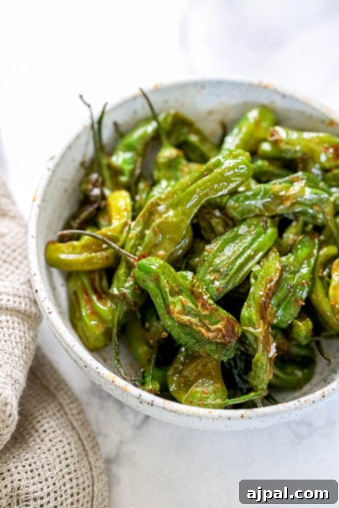 A bowl of perfectly air-fried shishito peppers, seasoned and ready to serve, sits invitingly on a marble table.