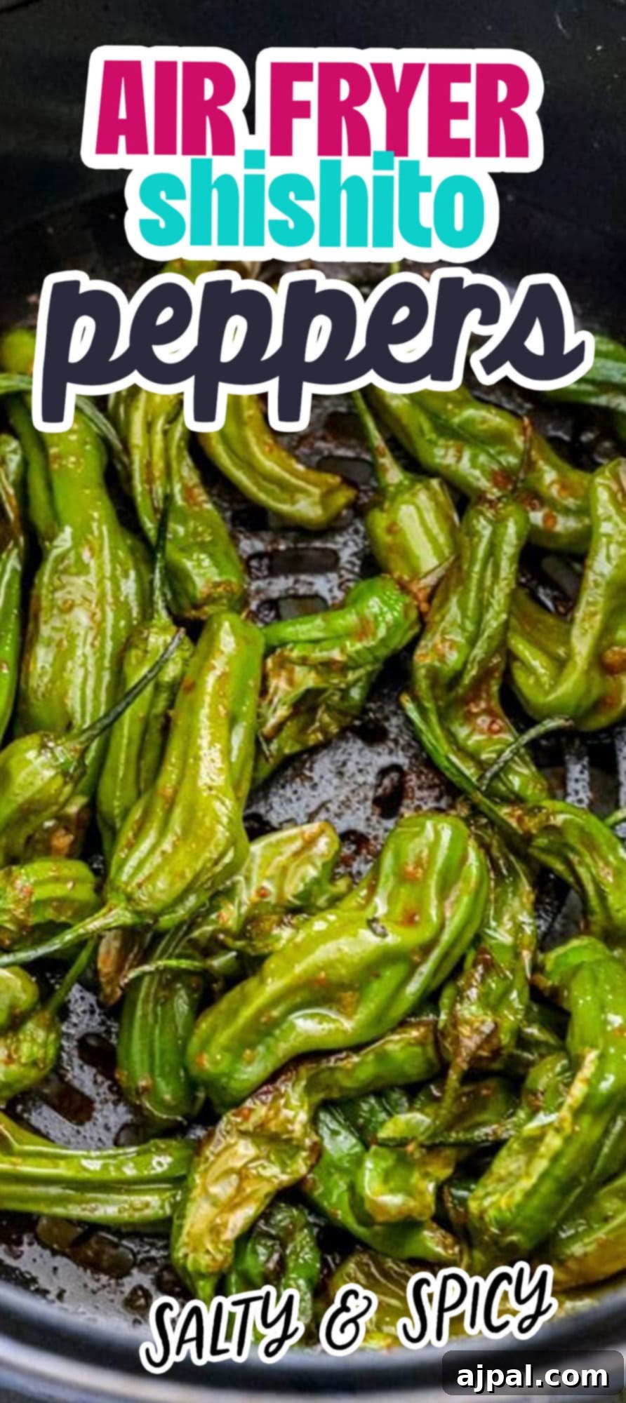 Crispy Air Fryer Shishito Peppers 7 A close-up shot of air fryer shishito peppers in a bowl, showing their appetizing char.