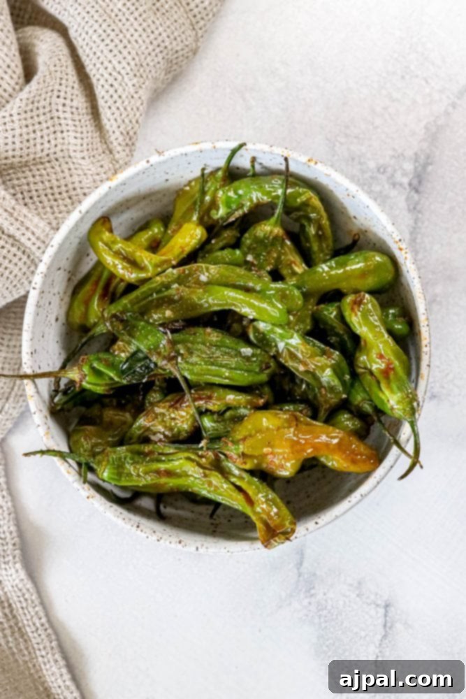 Crispy Air Fryer Shishito Peppers 4 A bowl of perfectly air-fried shishito peppers on a table, garnished and ready to serve.