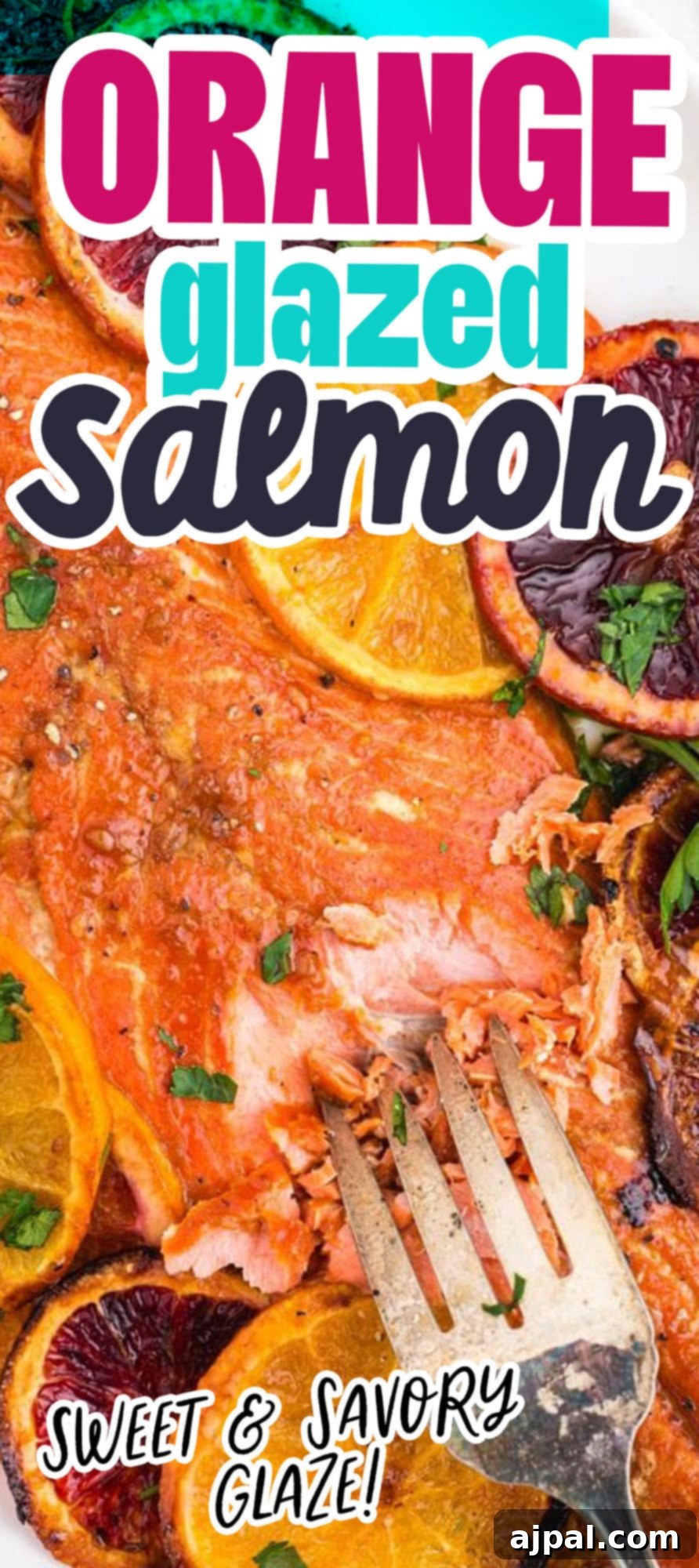 A close-up of a delectable orange glazed salmon fillet, served with a fork, emphasizing its tender texture and glossy coating.