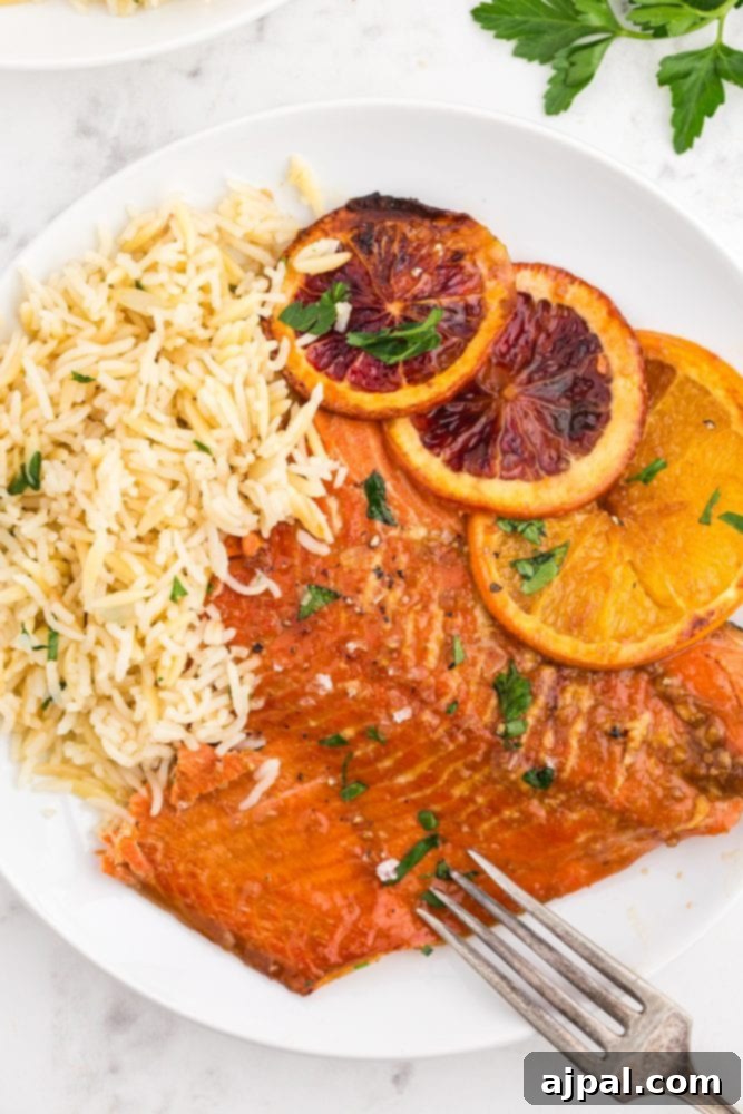 A serving of orange glazed salmon with a side of fluffy white rice, highlighting a complete and satisfying meal.