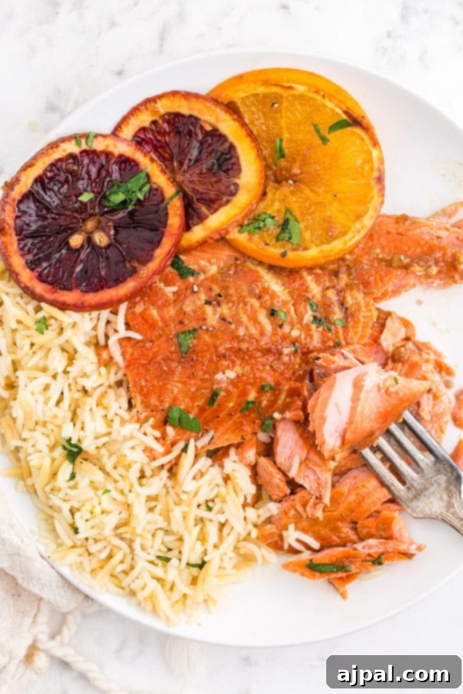 A plate of baked orange-glazed salmon served elegantly with fluffy rice, demonstrating a complete and satisfying meal.