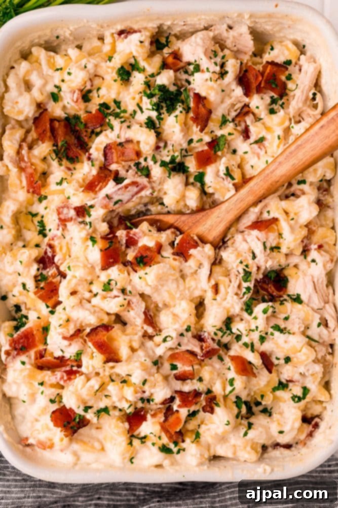 Loaded Bacon Ranch Chicken Mac and Cheese 10 A creamy chicken and bacon casserole, rich with ranch dressing, served hot and bubbling in a baking dish, garnished with herbs.