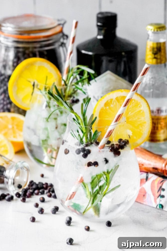 A gin and tonic infused with the flavors of rosemary, lemon, and blackberries.