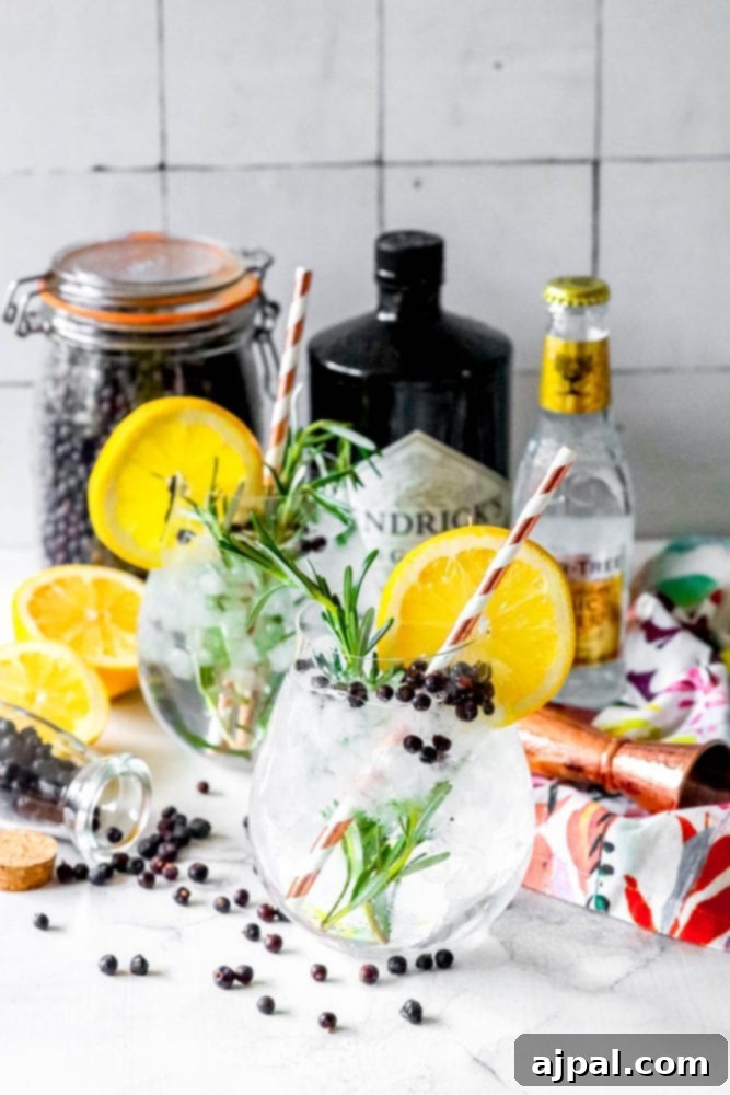 Gin and tonic with Juniper and blackberries.