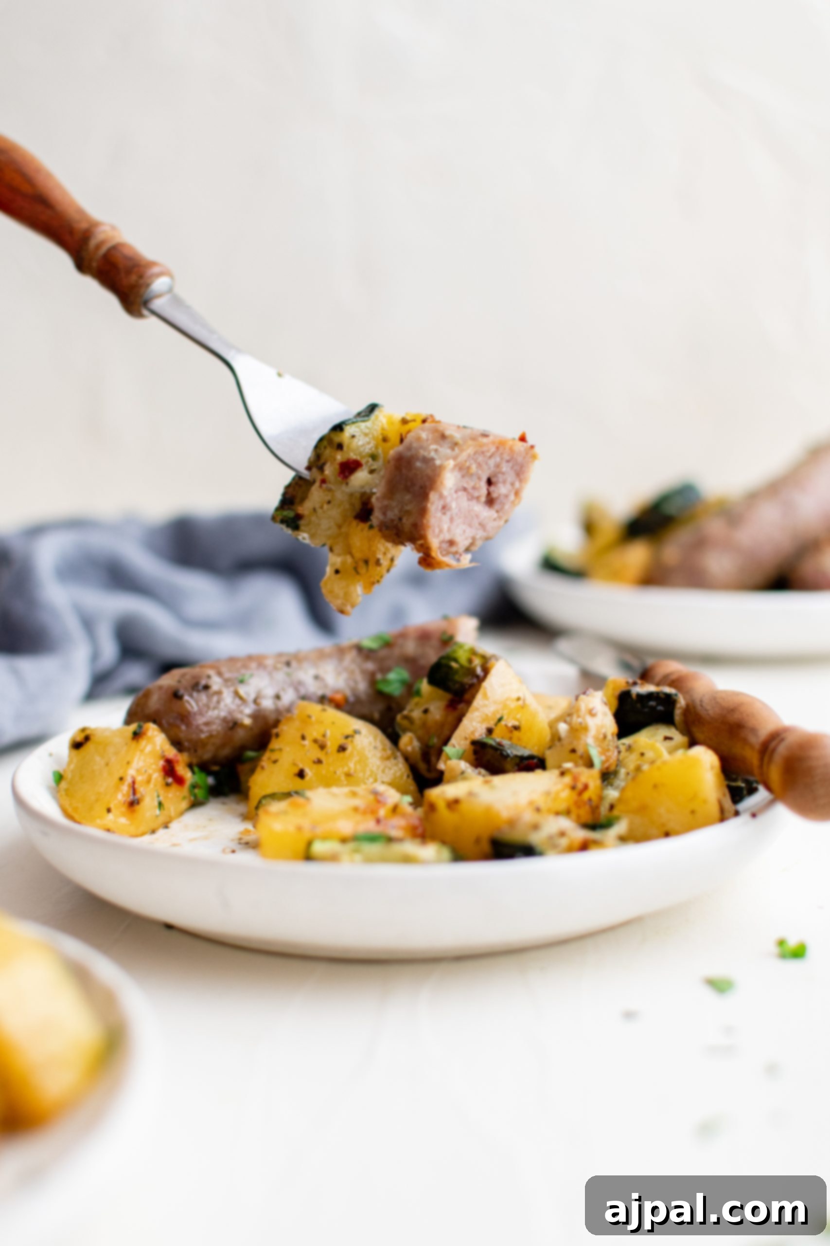 Simple Sheet Pan Sausage Dinner 5 Picture of a fork with a piece of sausage and a potato, highlighting the savory goodness.