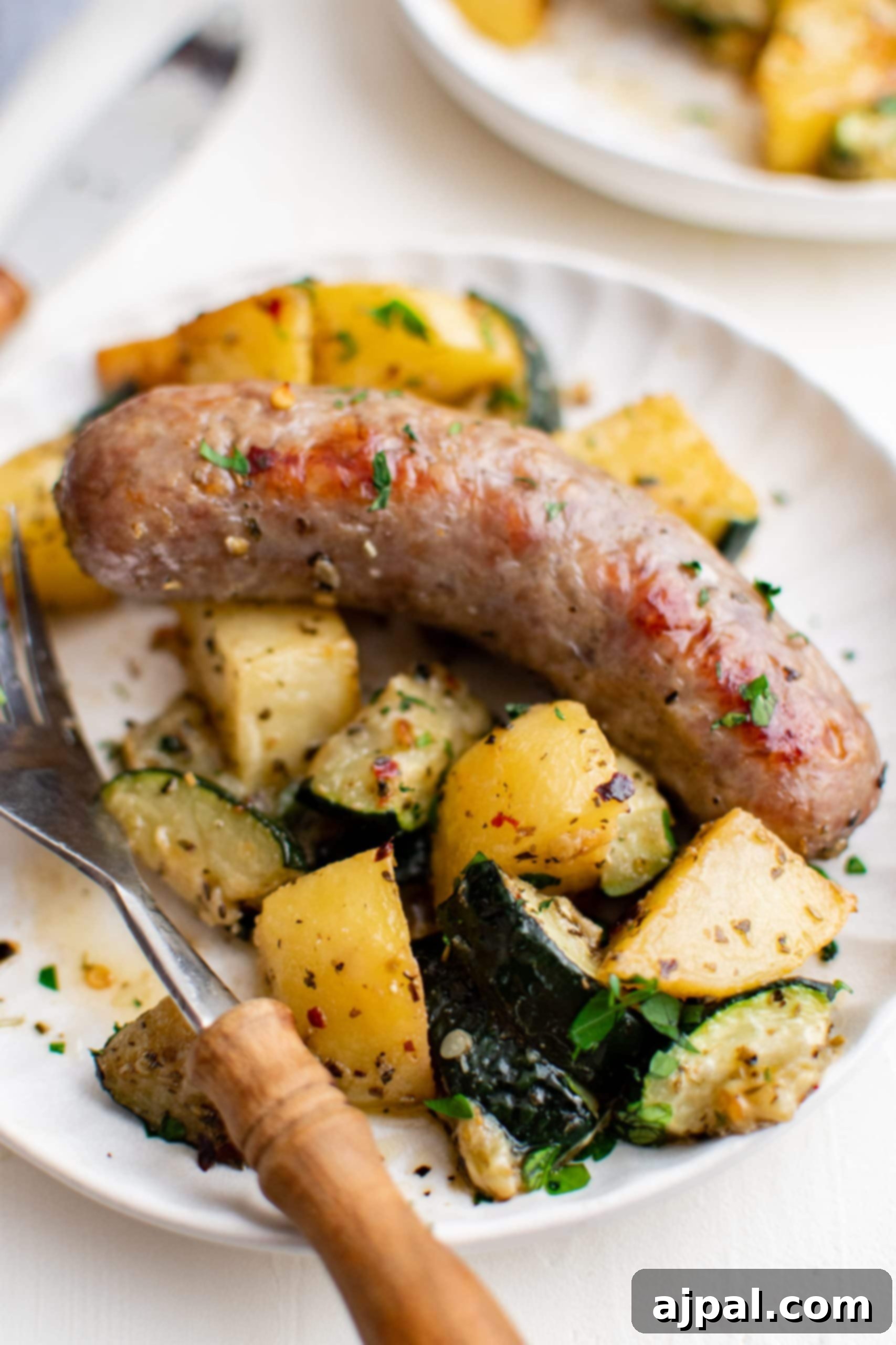Simple Sheet Pan Sausage Dinner 6 Picture of the finished sausage bake on a plate, showcasing a complete and appealing meal.