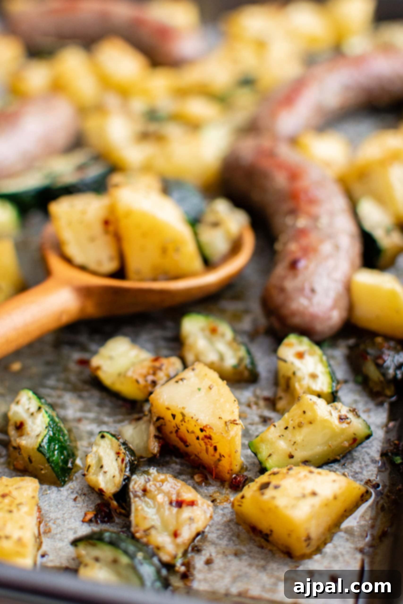Simple Sheet Pan Sausage Dinner 7 Picture of the sheet pan sausage bake served in a dish, ready to be enjoyed.