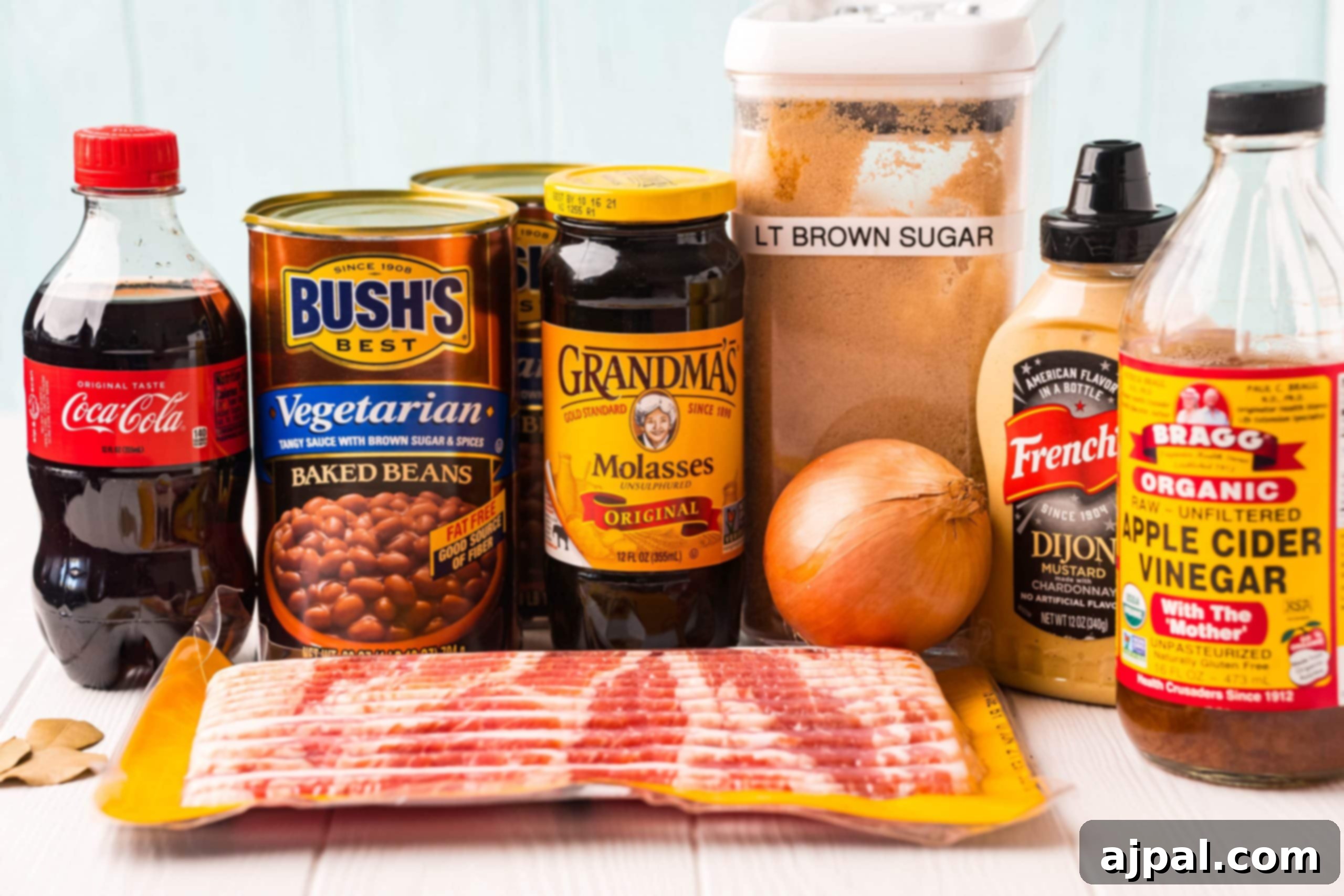 A visual guide to making slow cooker baked beans, featuring ingredients alongside a Coca-Cola BBQ brisket.