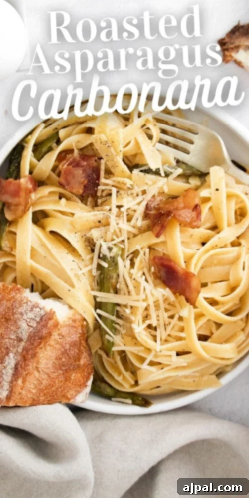 Asparagus Carbonara with Roasted Flair 14 picture of a bowl with noodles, asparagus, parmesan cheese, bacon, and carbonara sauce