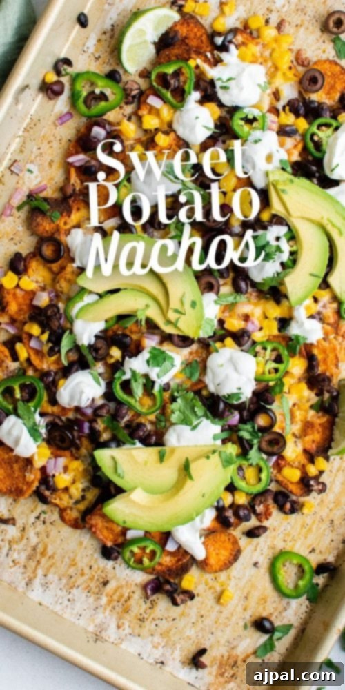 A beautifully presented plate of easy vegetarian sweet potato nachos, topped with fresh cilantro and lime, ready for serving.