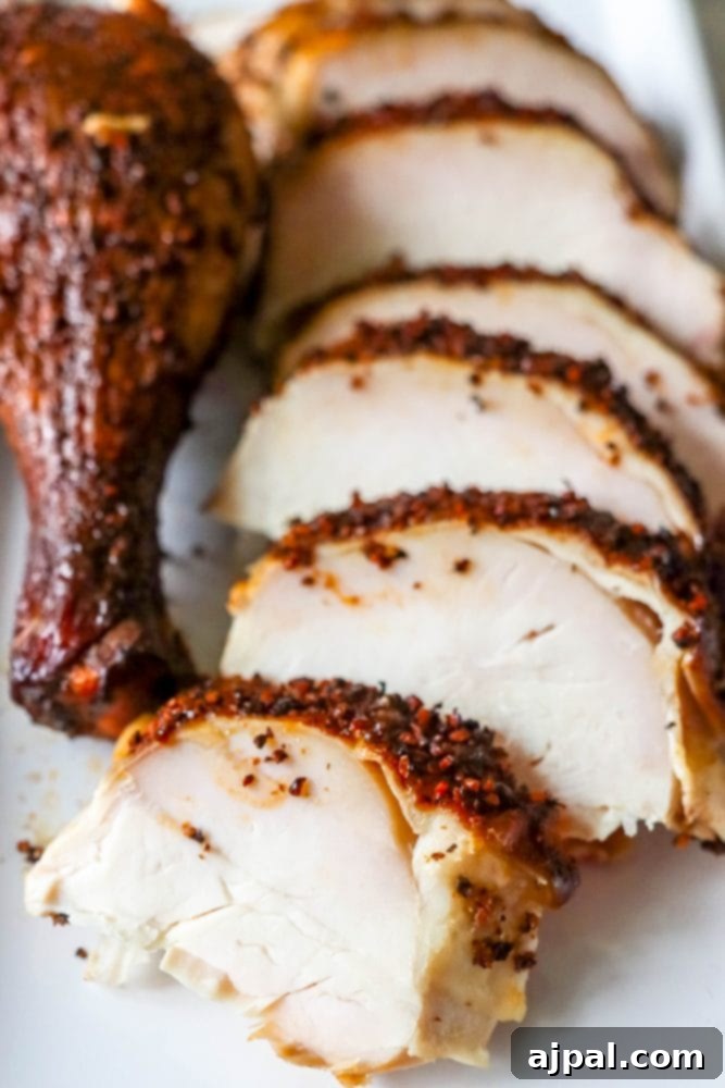 Ultimate Smoked Chicken Perfection 2 Smoked chicken drumstick and slices of golden-brown smoked chicken on a pristine white plate, showcasing a crispy skin and juicy interior.