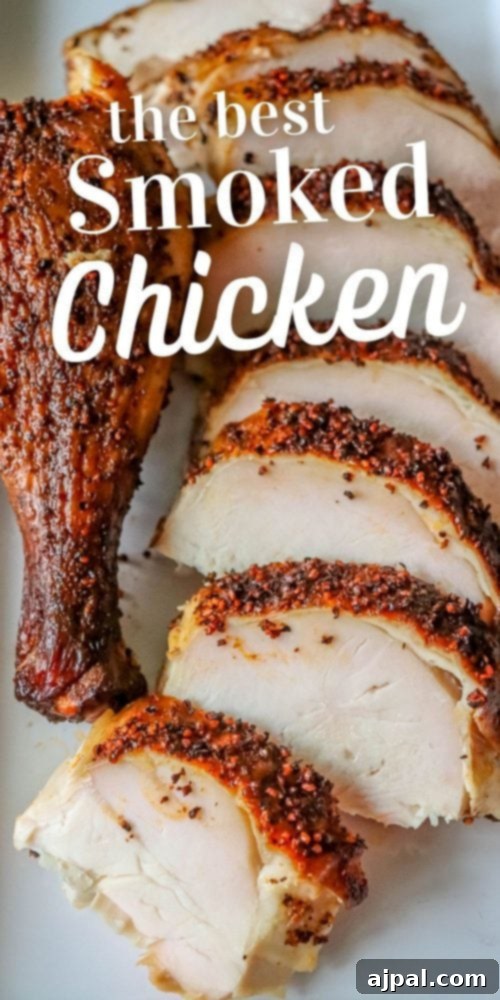 Ultimate Smoked Chicken Perfection 9 A close-up of a perfectly smoked chicken drumstick and juicy slices of smoked chicken breast on a white plate, highlighting the delicious crispy skin and rich flavor.
