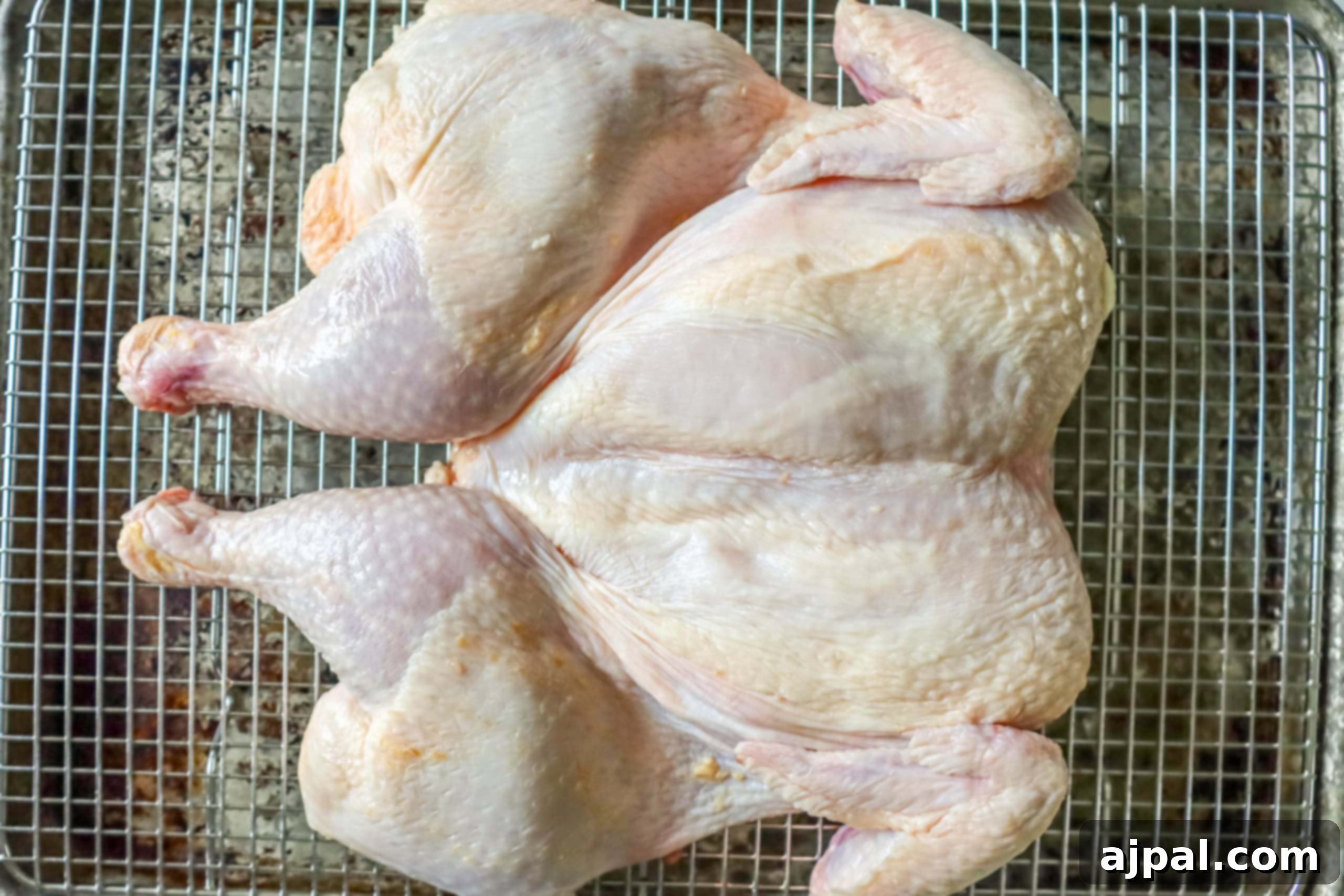 Ultimate Smoked Chicken Perfection 5 Picture of a spatchcocked raw chicken, flattened and prepared for smoking, on a wire rack over a baking sheet.