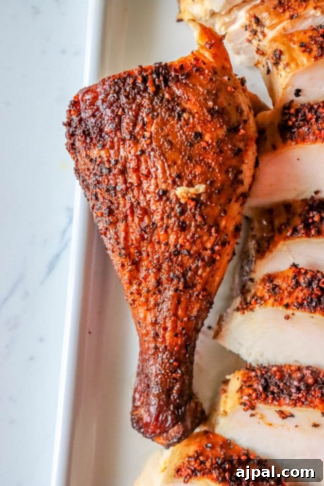 Ultimate Smoked Chicken Perfection 6 A smoked chicken drumstick and perfectly sliced smoked chicken breast on a white plate, garnished with fresh herbs and seasoning, ready to be enjoyed.