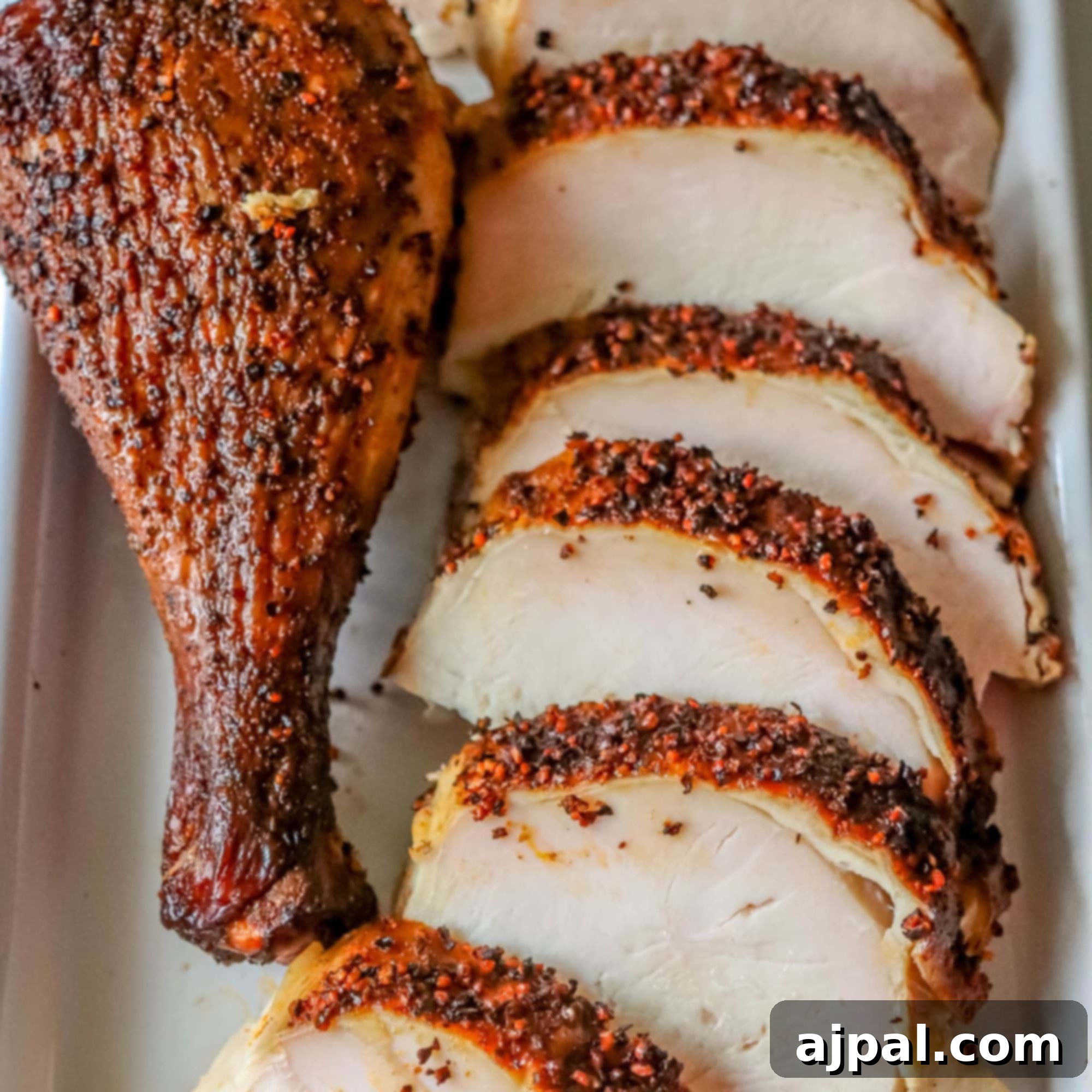 Ultimate Smoked Chicken Perfection 7 Close-up picture of a smoked chicken drumstick and perfectly cooked slices of smoked chicken, presented on a clean white plate with vibrant seasoning visible.