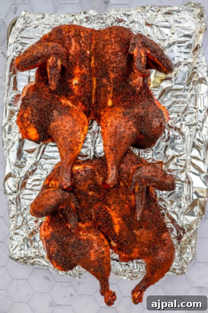 Ultimate Smoked Chicken Perfection 8 Two beautifully smoked whole chickens, flattened and golden-brown, resting on a foil-lined baking sheet, ready for serving.