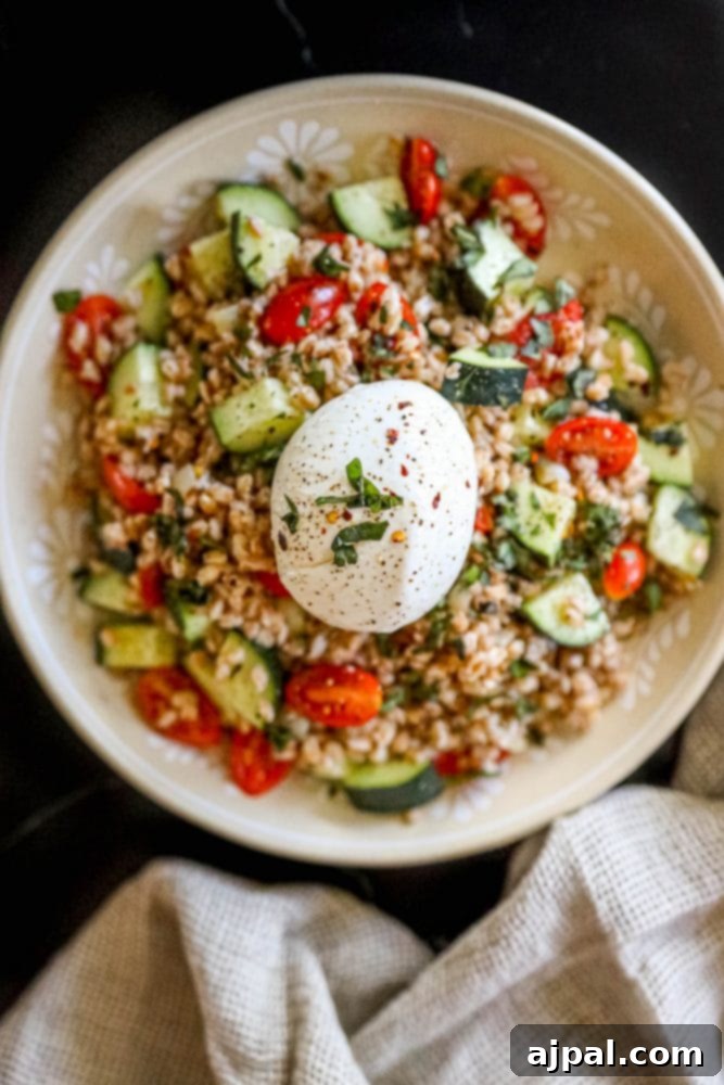 Hearty farro salad brimming with fresh tomatoes, crisp cucumber, and fragrant basil, elegantly presented in a bowl, topped with a luscious burrata cheese ball.