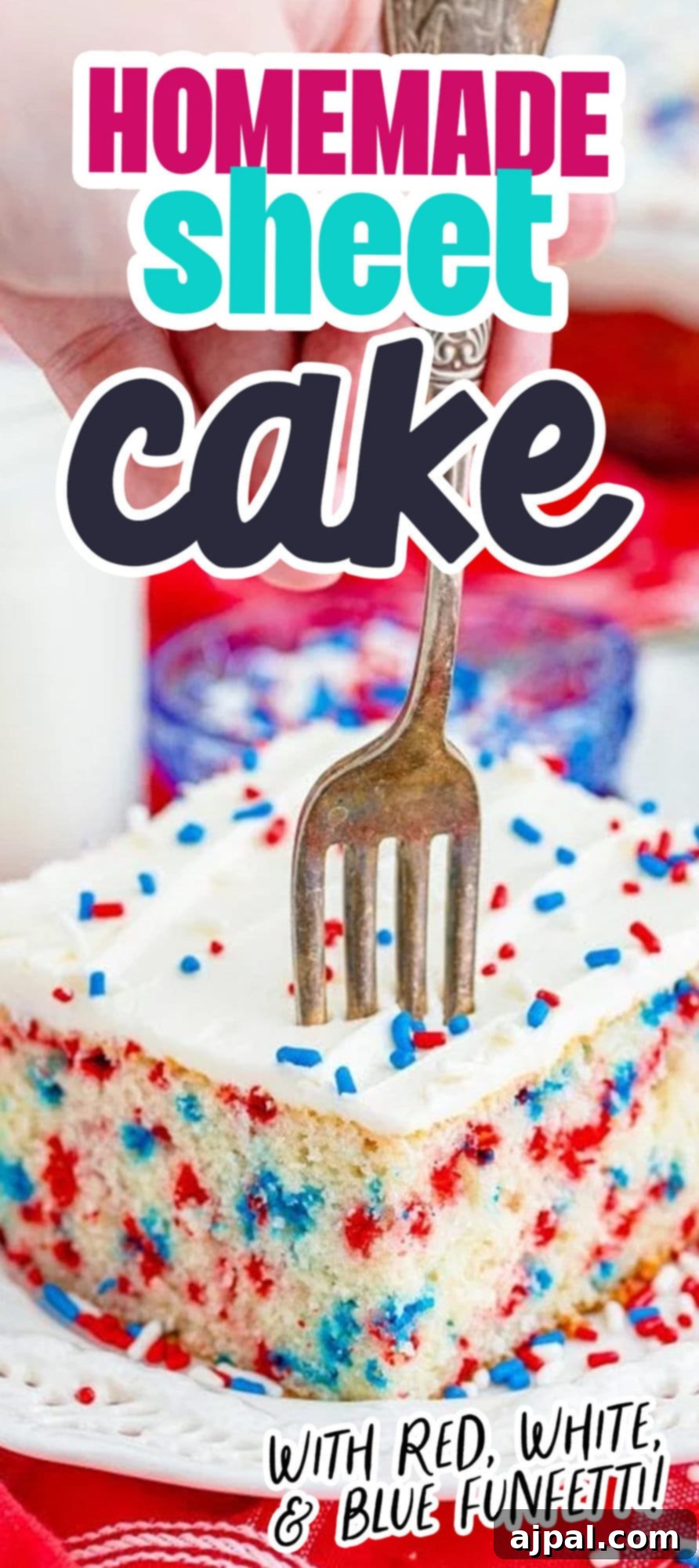 Homemade vanilla sheet cake with red white and blue frosting.