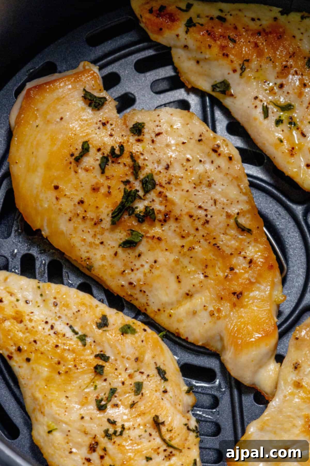 Air fryer, chicken breasts. A close-up of a cooked, golden-brown air-fried chicken breast.
