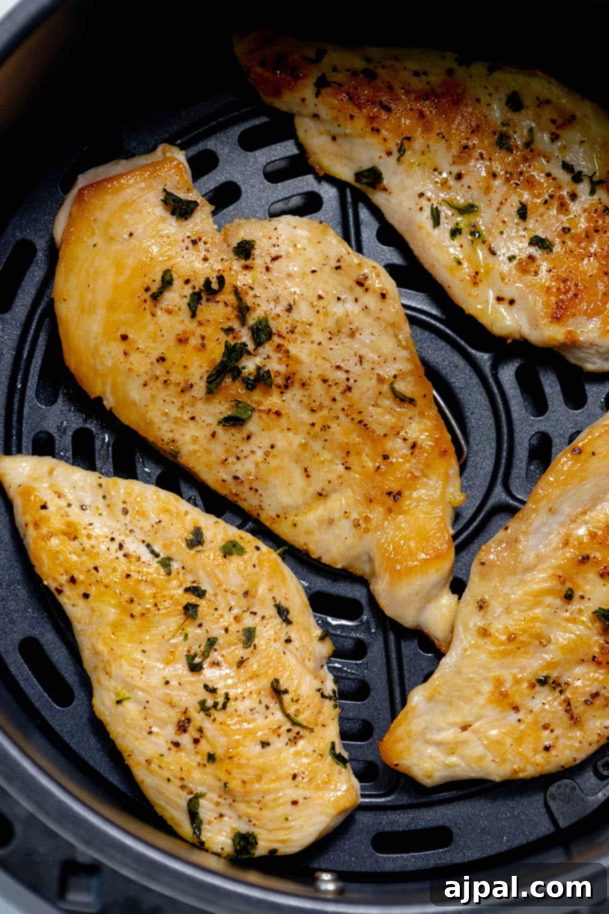 Keto air fryer chicken breasts recipe. Close-up of seasoned chicken breasts before cooking.