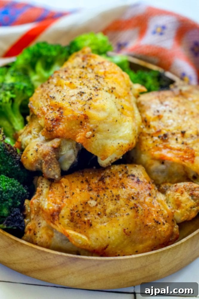 Crispy Air Fryer Chicken Thighs 5 Chicken breasts on a wooden plate with broccoli, crispy air fryer keto recipe.