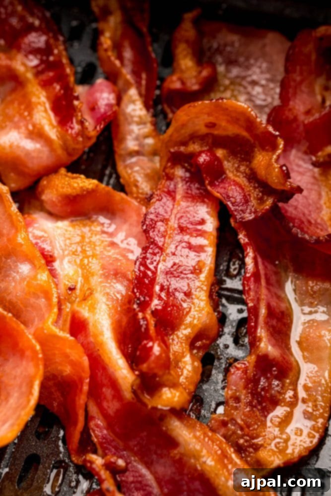 Crispy bacon cooking in an air fryer basket, ready for breakfast.