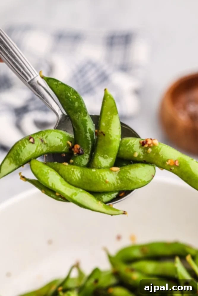A close-up of edamame beans on a spoon, generously coated with spices, ready to be enjoyed.