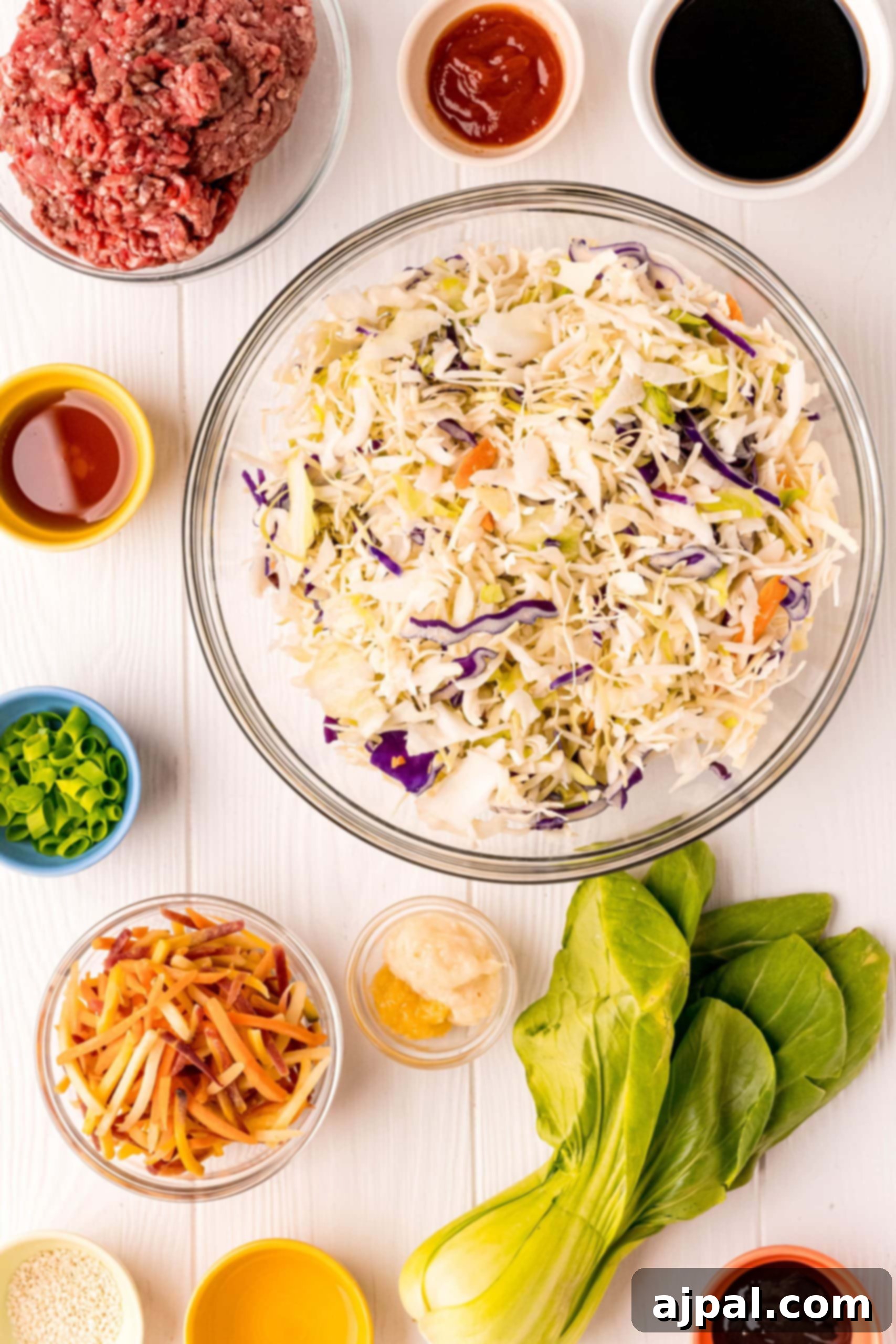 Ingredients for a keto-friendly Korean beef slaw inspired by the flavors of an egg roll in a bowl.