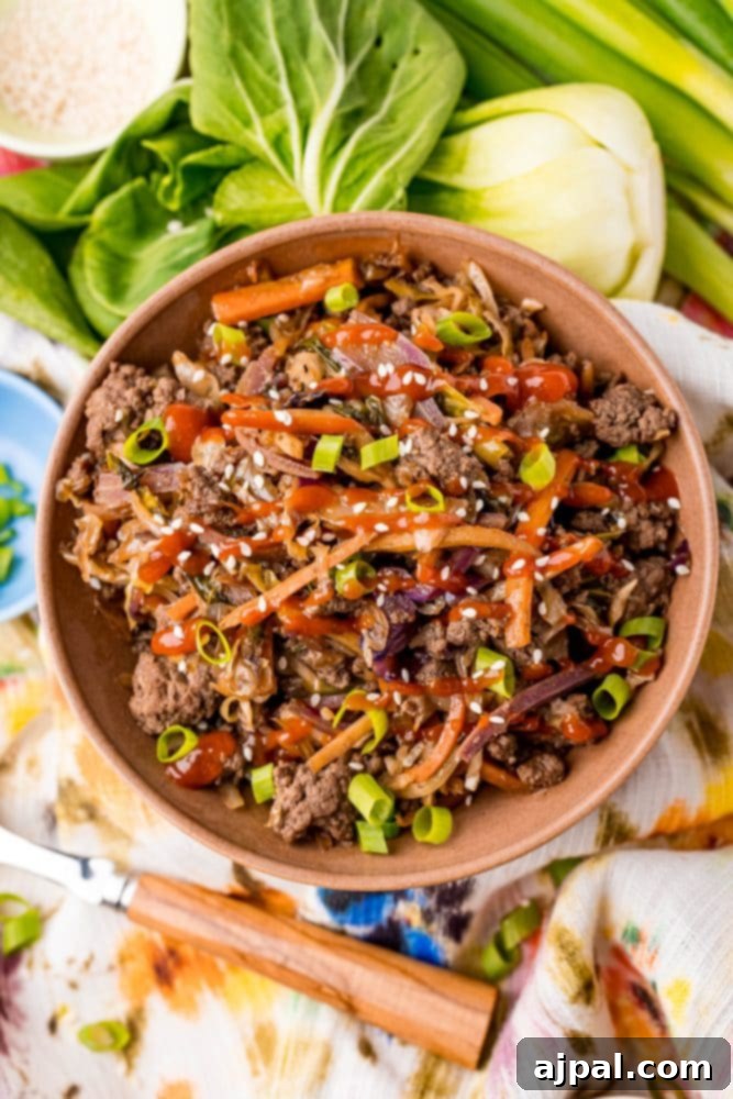 A second view of the delectable Keto Egg Roll in a Bowl recipe, showcasing the rich blend of meat and vibrant vegetables, ready to be enjoyed.
