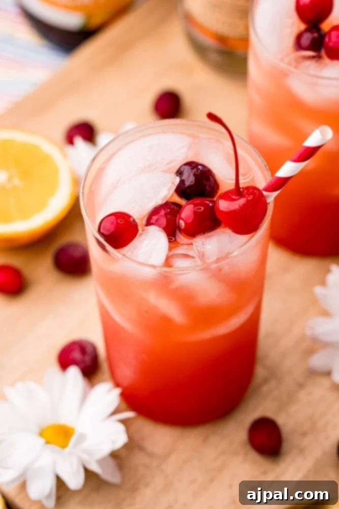 The Ultimate Sex on the Beach Cocktail Guide 2 A vibrant Sex on the Beach cocktail in a tall glass, garnished with fresh orange slices and cranberries.