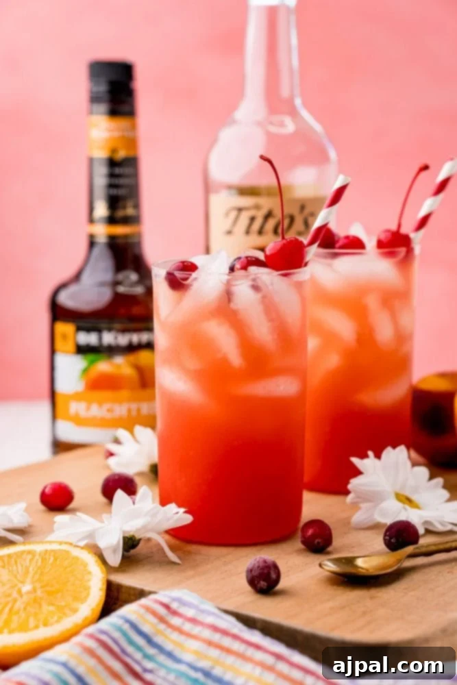 The Ultimate Sex on the Beach Cocktail Guide 10 A vibrant cocktail, possibly a Sex on the Beach, garnished with orange slices and cranberries, resting on a cutting board.