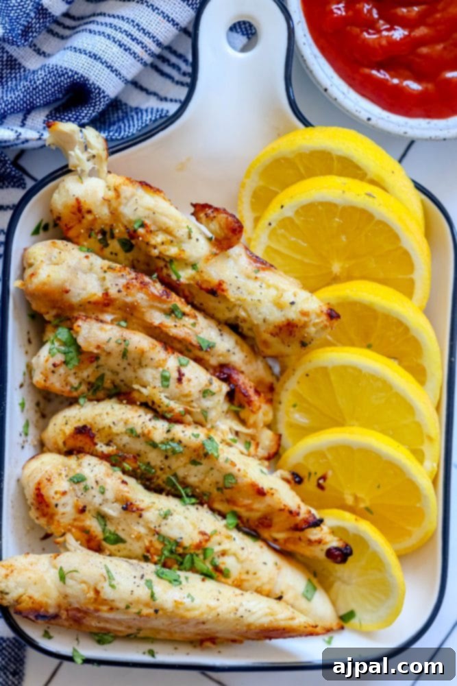Perfectly browned and juicy naked chicken tenders displayed in a white dish, garnished with fresh lemon slices, highlighting their unbreaded, crispy exterior for a healthy meal.