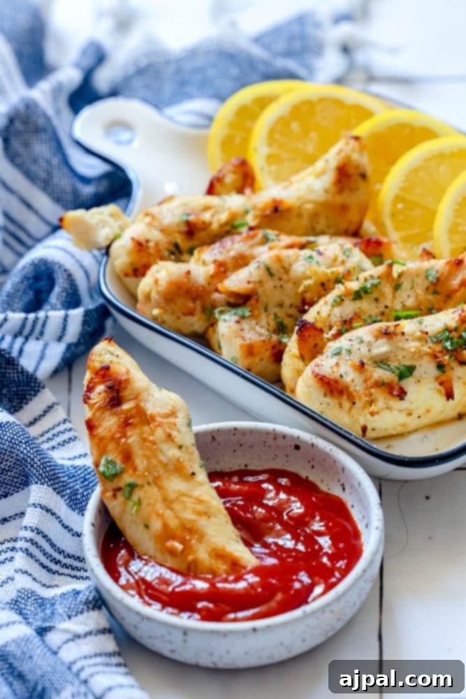Succulent lemon-garlic naked chicken strips beautifully arranged in a white dish, garnished with fresh parsley and lemon wedges, ready to be served as a healthy meal.
