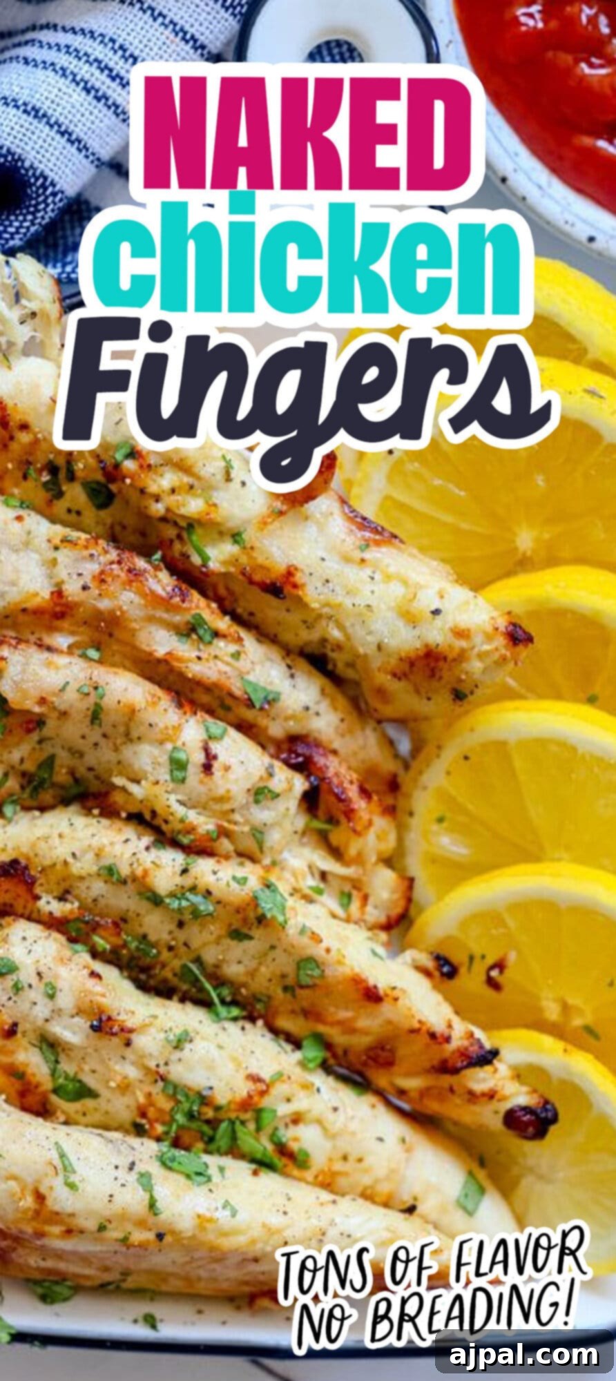 A vibrant display of unbreaded air-fried naked chicken tenders resting on a white plate, accompanied by fresh lemon slices and a bowl of delicious ketchup, perfect for dipping.