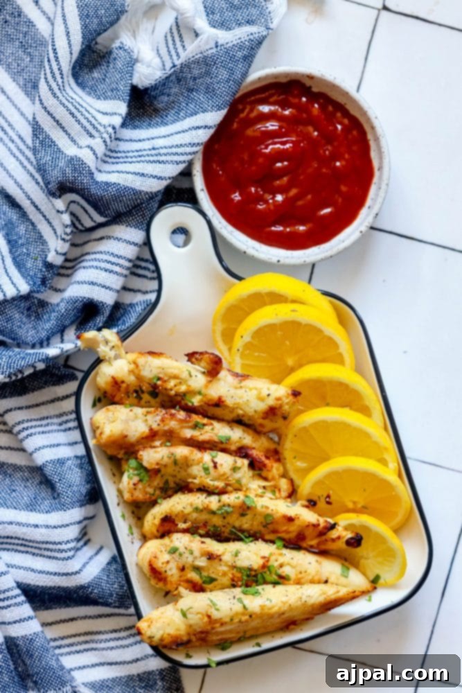 A pristine white dish holds a generous serving of succulent naked chicken tenders, artfully arranged beside vibrant lemon wedges, ready to be enjoyed as a light and flavorful meal.