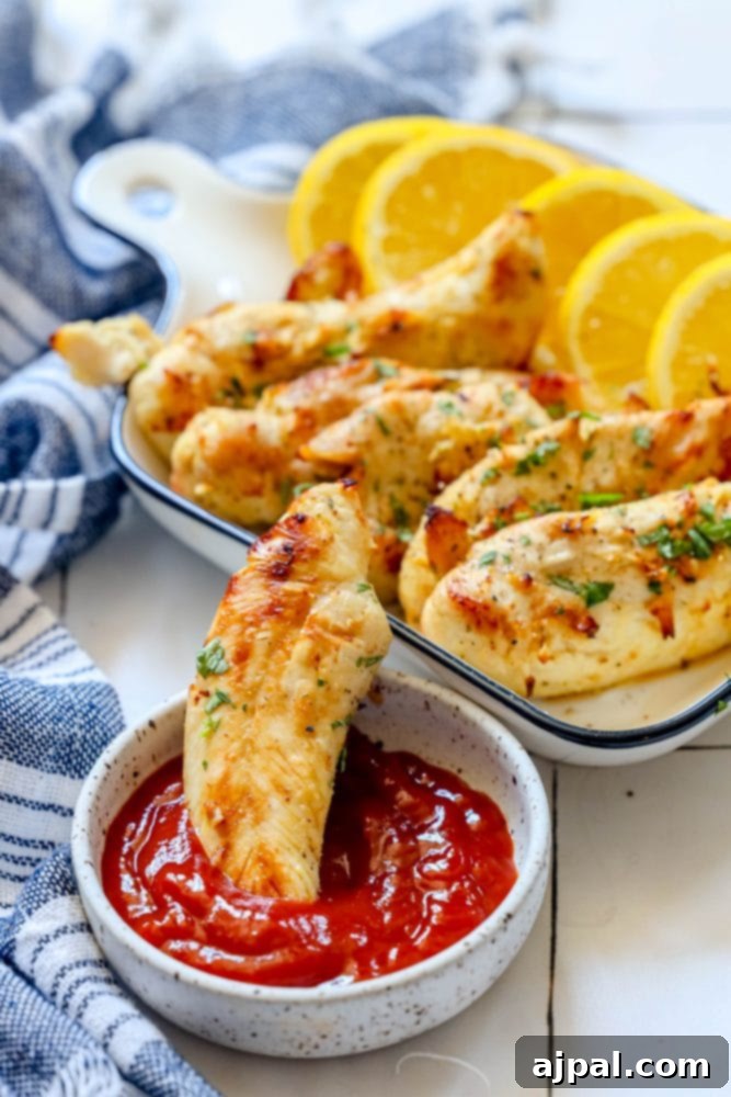 A perfectly air-fried unbreaded chicken tender is being dipped into a small, inviting bowl of ketchup, ready to be savored as a delicious and healthy snack.