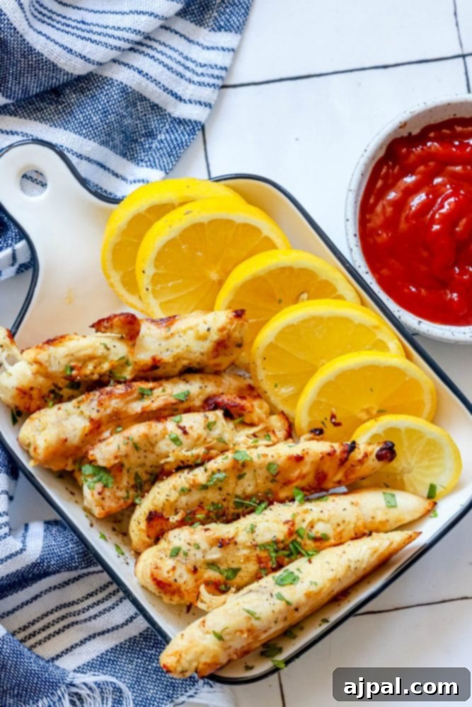 Beautifully prepared unbreaded chicken tenders served in an elegant white dish, accompanied by fresh lemon slices and a vibrant green garnish, ready for a healthy meal.