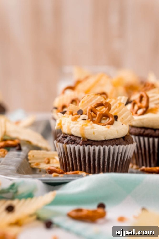 Everything Cupcakes Recipe 2 picture of cupcake topped with chips pretzels chocolate chips and caramel sauce