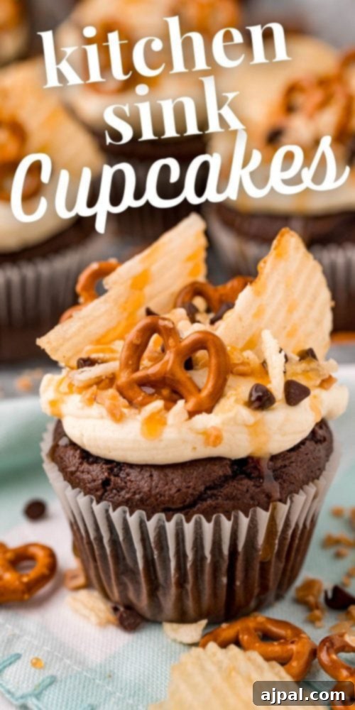 Everything Cupcakes Recipe 7 picture of cupcake topped with chips pretzels chocolate chips and caramel sauce