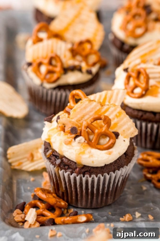 Everything Cupcakes Recipe 5 picture of cupcake topped with chips pretzels chocolate chips and caramel sauce
