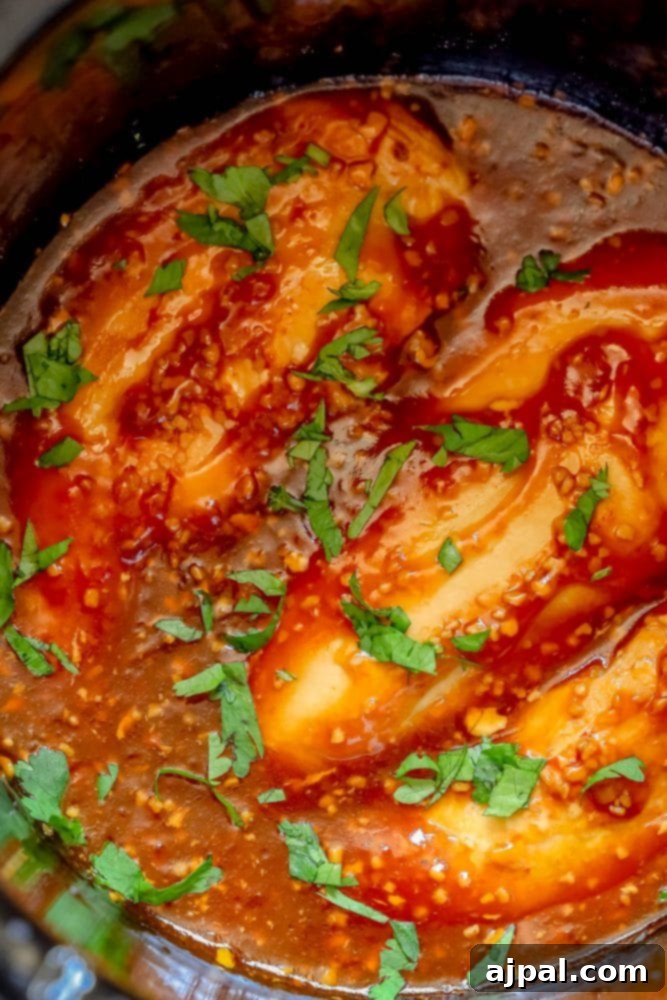 Sticky Honey Garlic Slow Cooker Chicken Breasts 2 Close-up picture of succulent honey garlic chicken in a slow cooker, ready to be served.