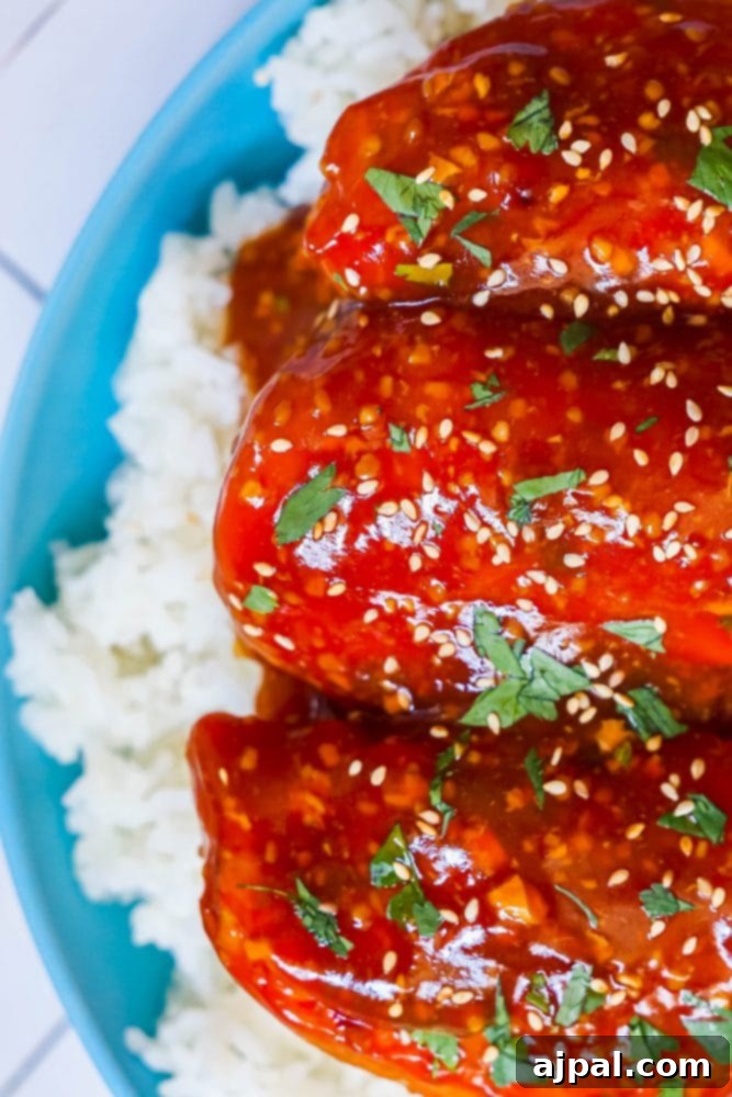 Sticky Honey Garlic Slow Cooker Chicken Breasts 5 A close-up of a serving of honey garlic chicken with rice and sesame seeds, highlighting the succulent texture and glossy sauce.