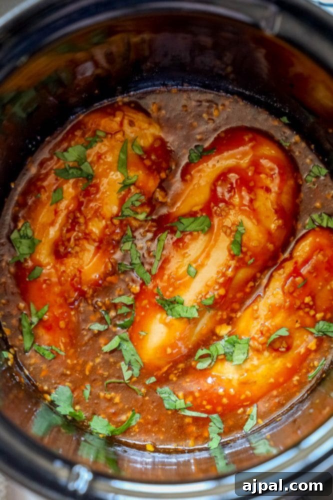 Sticky Honey Garlic Slow Cooker Chicken Breasts 4 Overhead shot of honey garlic chicken breasts simmering in a slow cooker, surrounded by the rich, glossy sauce.
