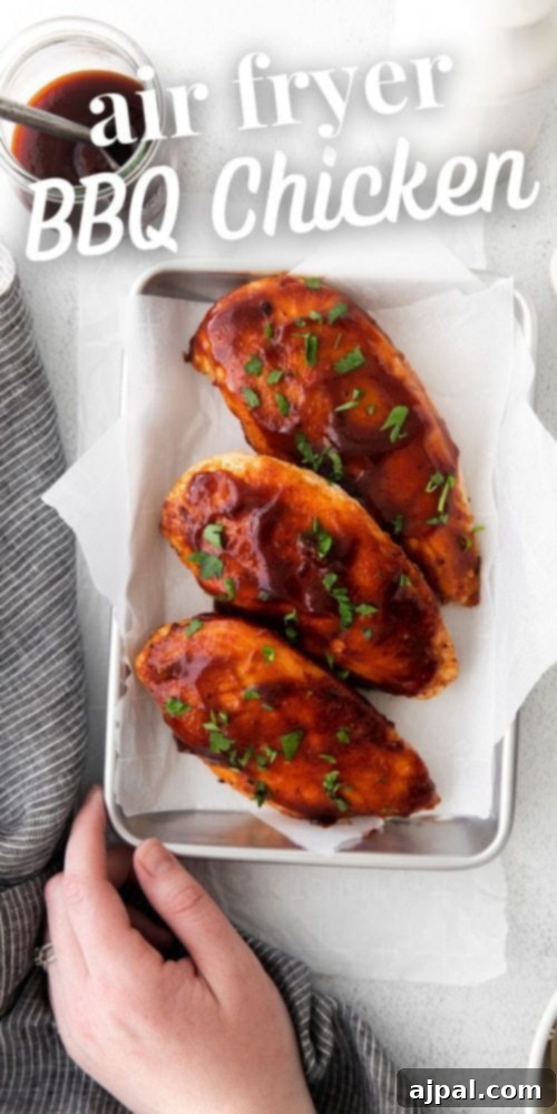Tender Air Fryer BBQ Chicken Breasts 10 An air fryer cooks BBQ chicken breasts with a black background and a plane flying in the sky.
