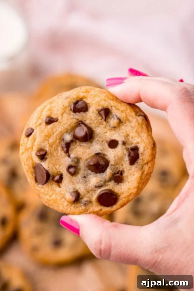 Ultimate Chewy Chocolate Chip Cookies 2 A hand presenting a perfectly baked, golden-brown chocolate chip cookie with a soft, chewy texture, inviting a bite.
