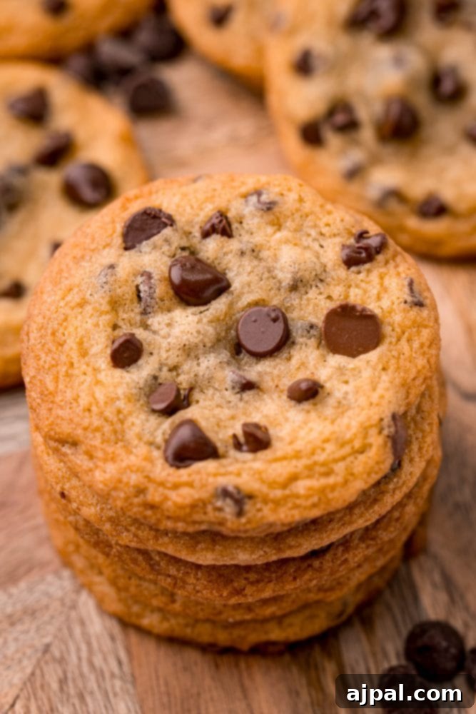 Ultimate Chewy Chocolate Chip Cookies 10 A towering stack of the best chewy chocolate chip cookies, golden-brown with visible chocolate chips, artfully arranged on a wooden cutting board.