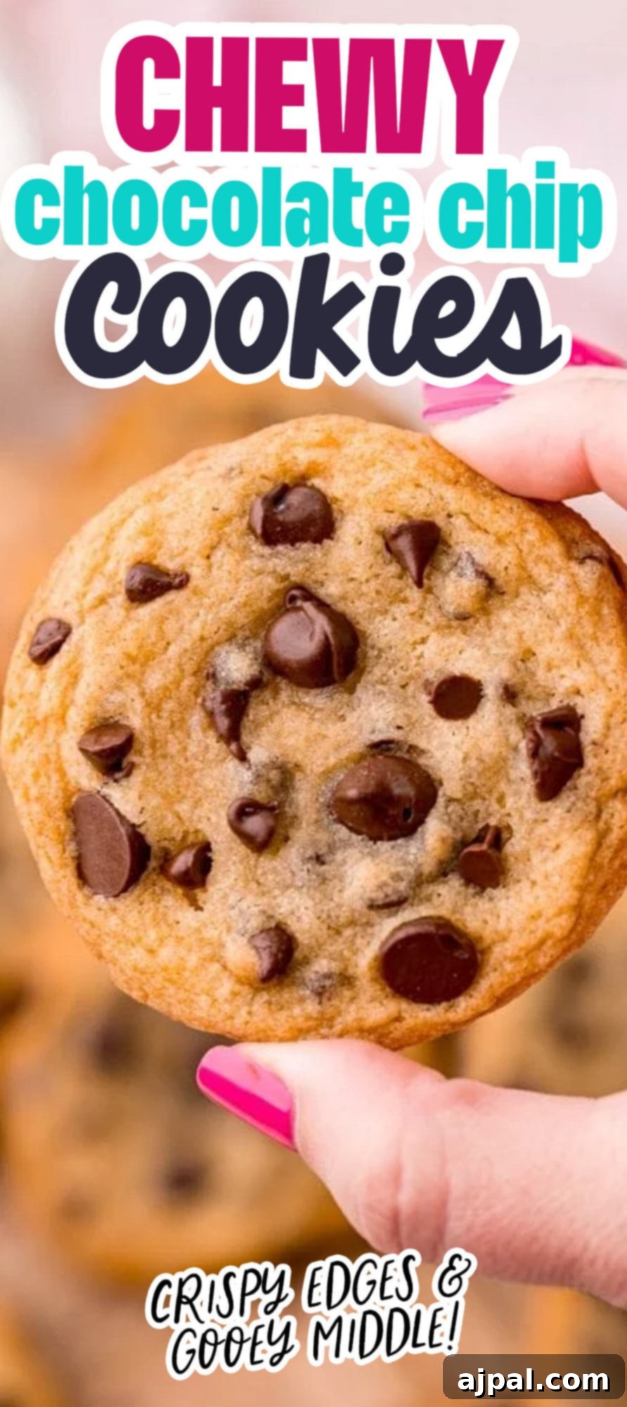 Ultimate Chewy Chocolate Chip Cookies 11 A close-up of a hand holding a classic chewy chocolate chip cookie, highlighting its soft texture and melted chocolate chips.