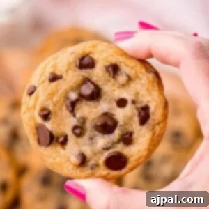 A hand holding a freshly baked, warm and chewy chocolate chip cookie, showcasing its delightful texture.