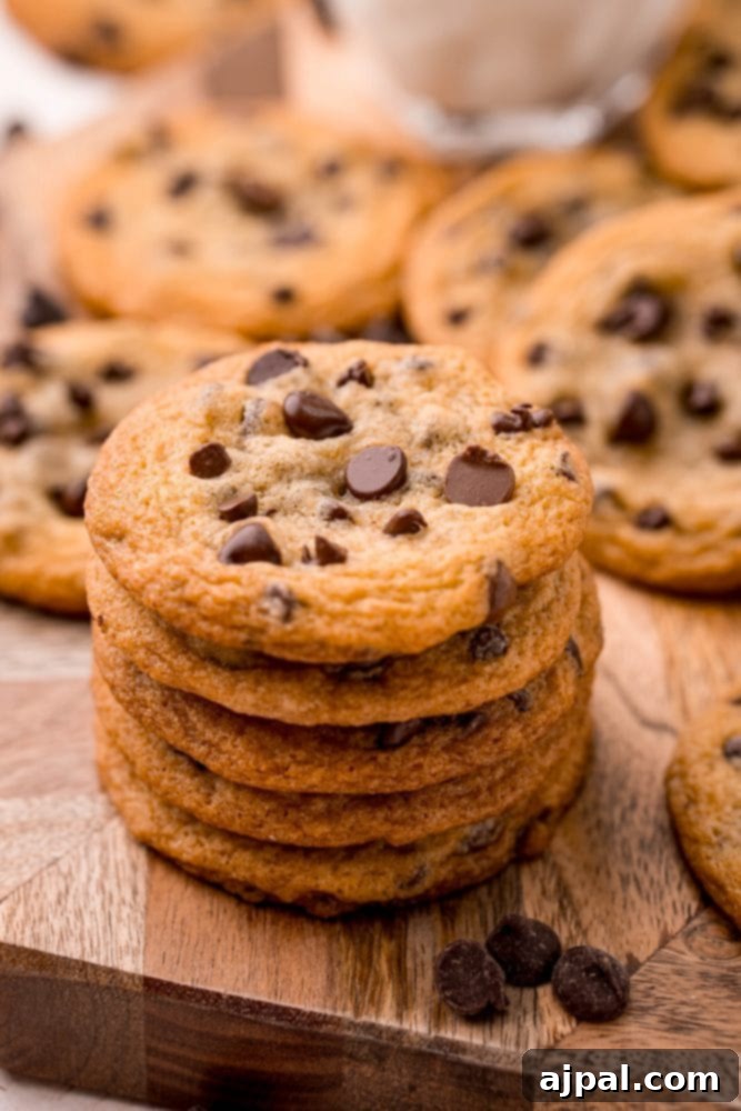 Ultimate Chewy Chocolate Chip Cookies 4 A inviting stack of classic chewy chocolate chip cookies, golden-brown and studded with rich chocolate, on a wooden cutting board.